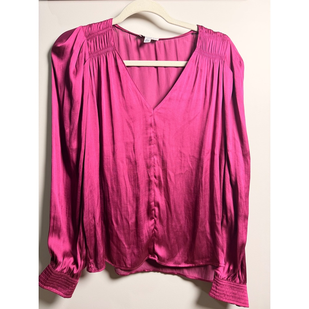 Current Air Satin‎ V-Neck Blouse Womens Small Magenta summer Smocked Shoulder